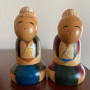 Oriental Wooden Kokeshi Dolls 2 Old Woman Grandma Dolls Hand Painted Vintage